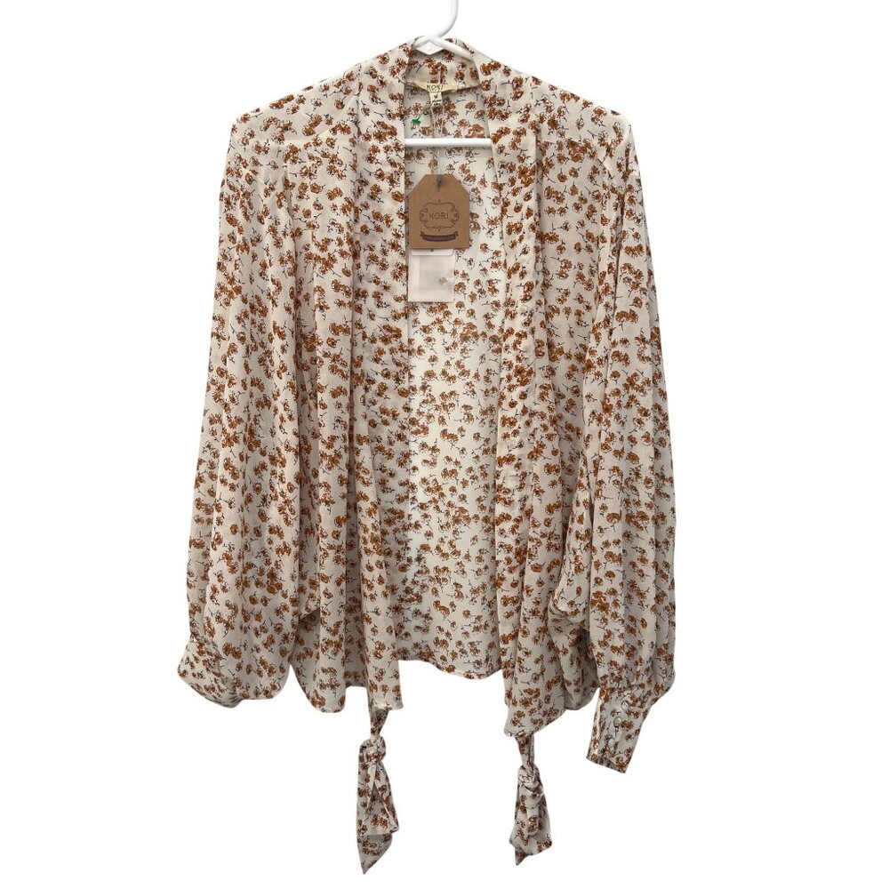 Kori Floral Tie Front Long Sleeve Top Size Medium Cream Brown Polyester Boho NEW